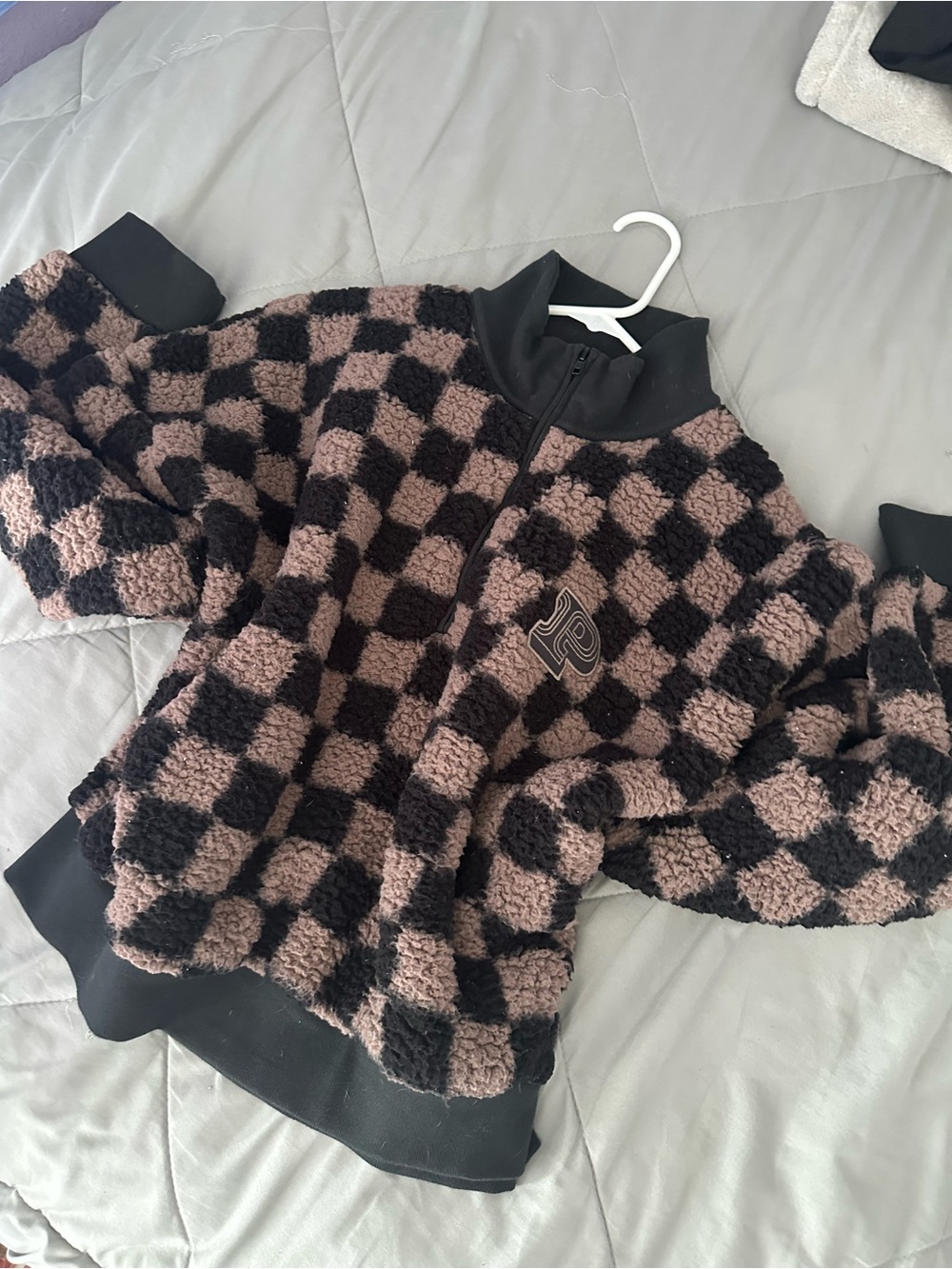 Cozy Checkered Half-Zip Sherpa Pullover Sweater - Black & Brown